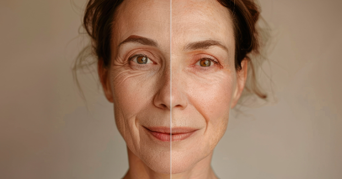 Split view of a woman’s face showing aging vs. smoother skin after wrinkle reduction treatment in Fredericksburg, VA.