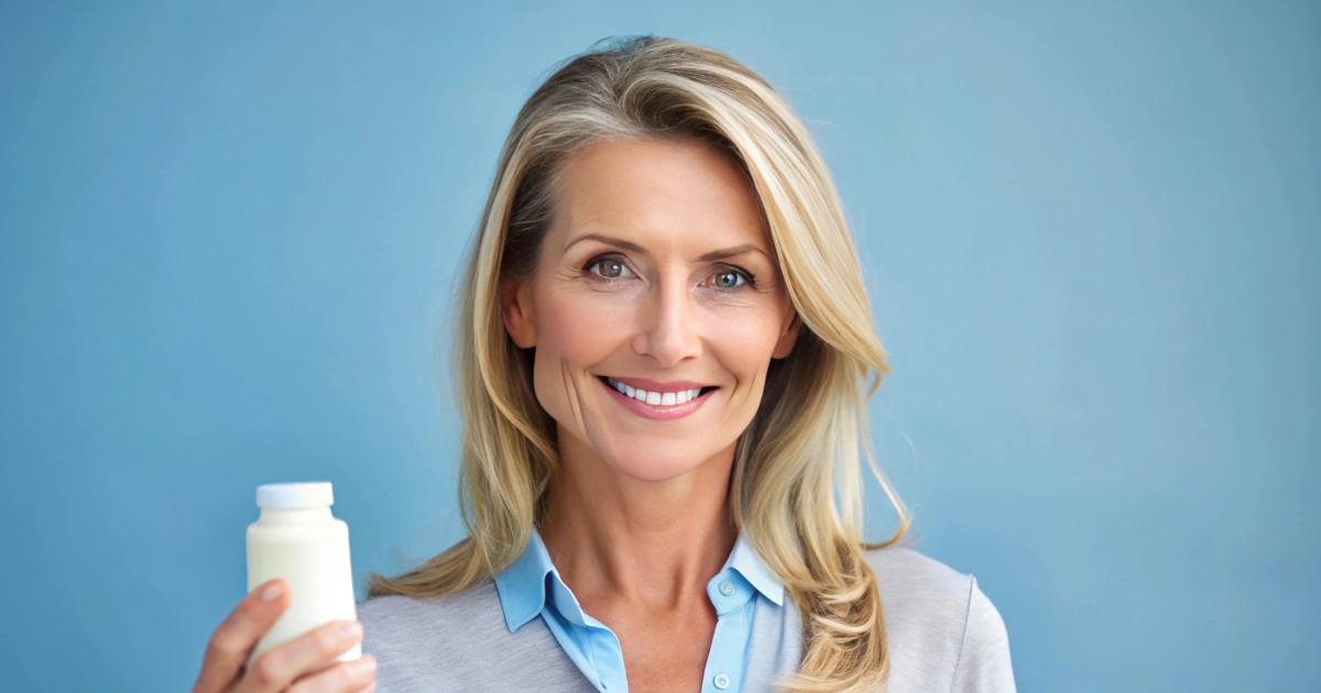A smiling woman holding a medicine bottle during BHRT in Fredericksburg, VA.